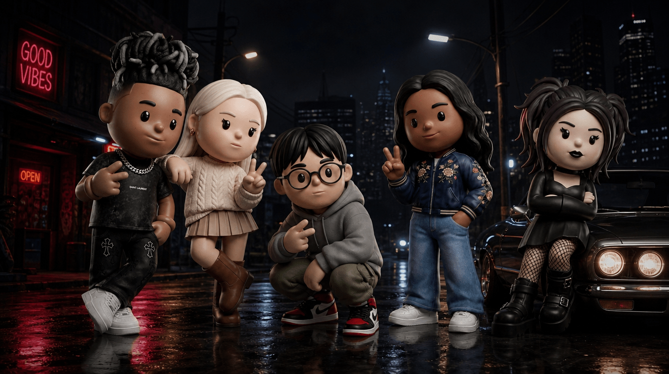 MEYO figures posing on a rain-soaked street at night