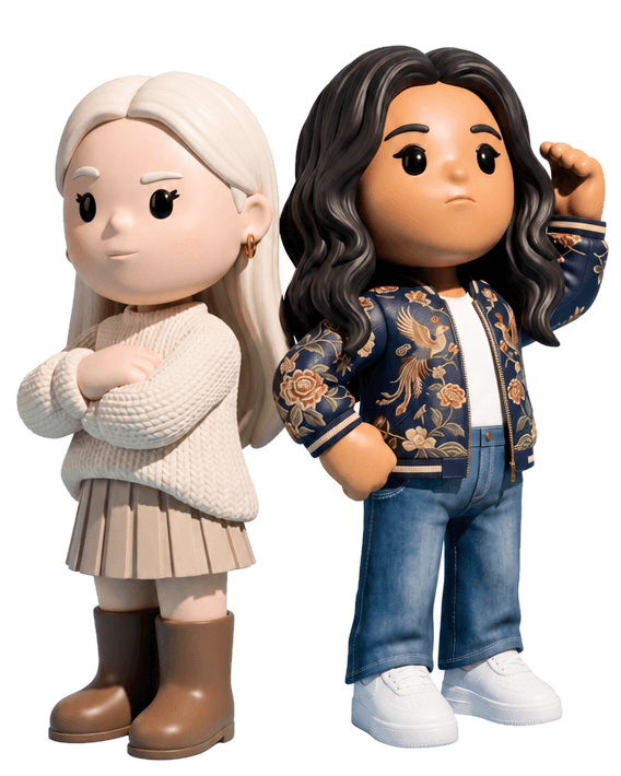 Two custom MEYO figures side by side: one in a cream knit and boots, the other in an embroidered bomber and jeans
