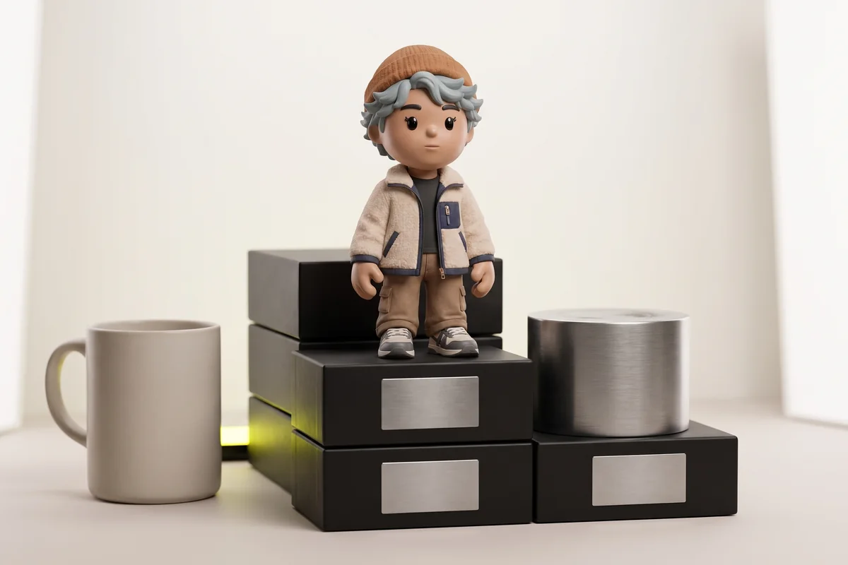 A MEYO figure on a stack of numbered boxes beside an empty plinth where one has already sold