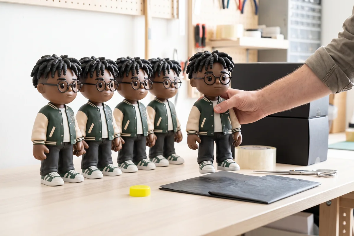 A row of finished MEYO figures on a packing bench beside flat collector’s boxes