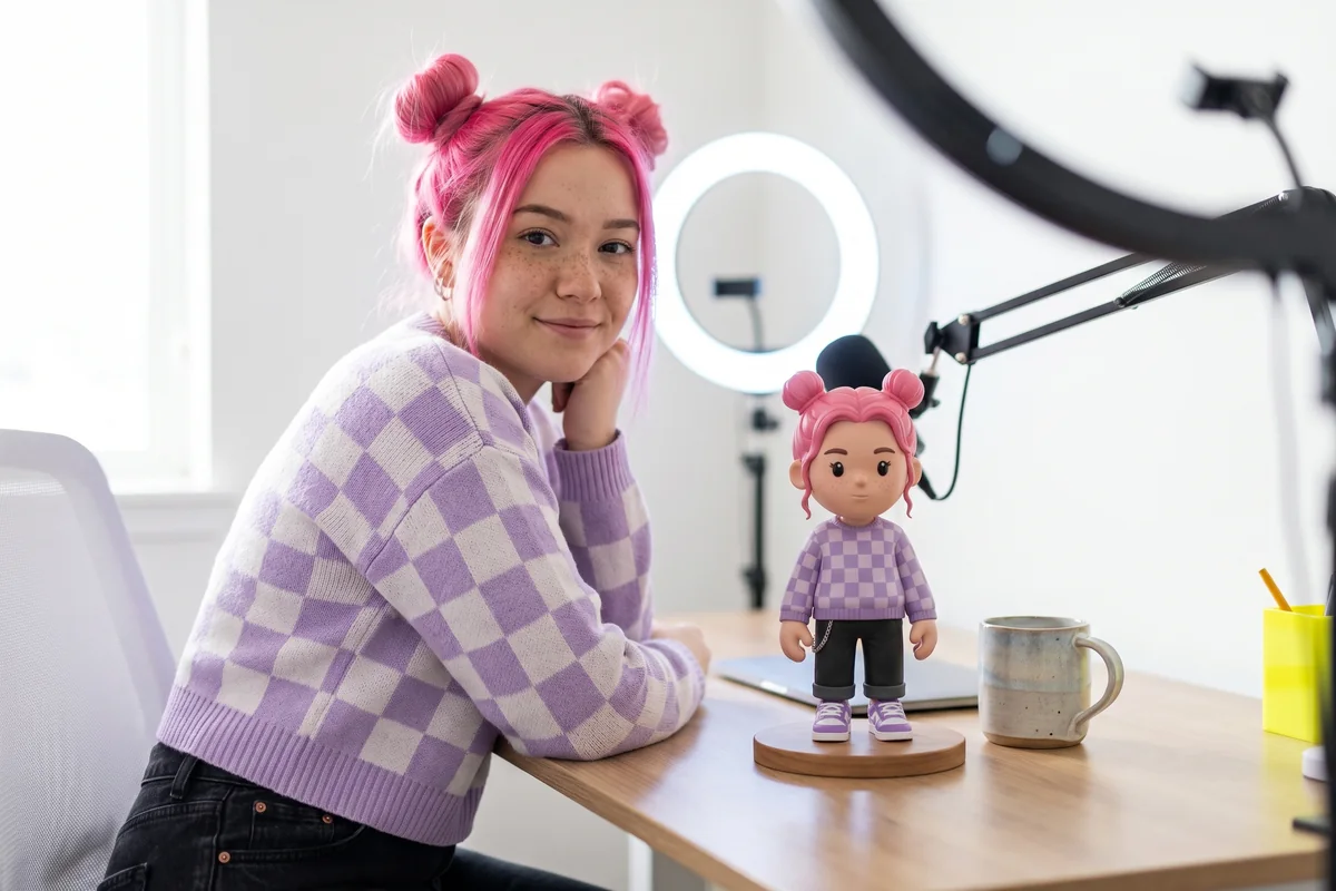 A creator at their desk beside the MEYO figure made in their likeness