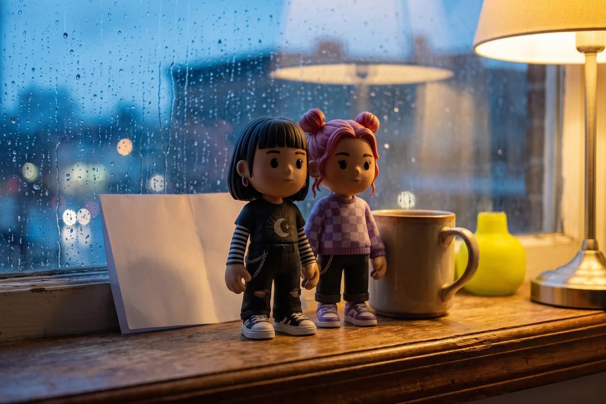 Two MEYO figures together on a windowsill at dusk with rain on the glass