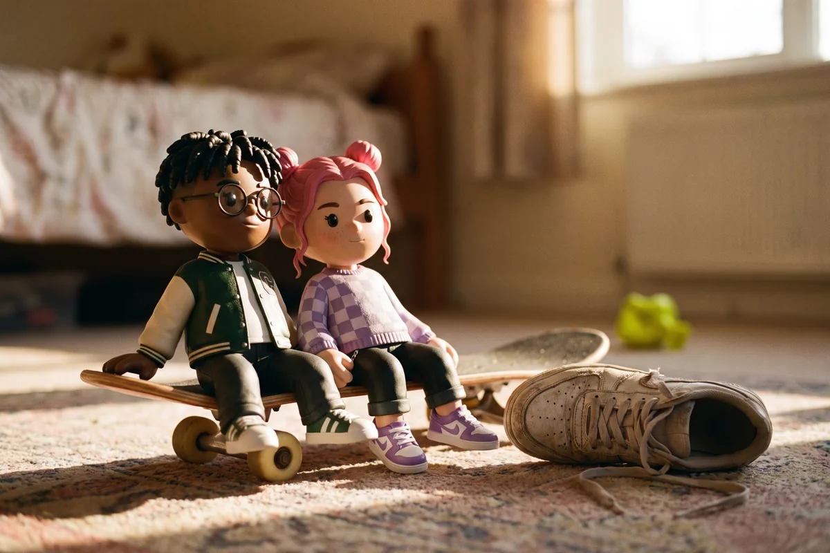 Two MEYO figures sitting side by side on a skateboard deck on a bedroom floor