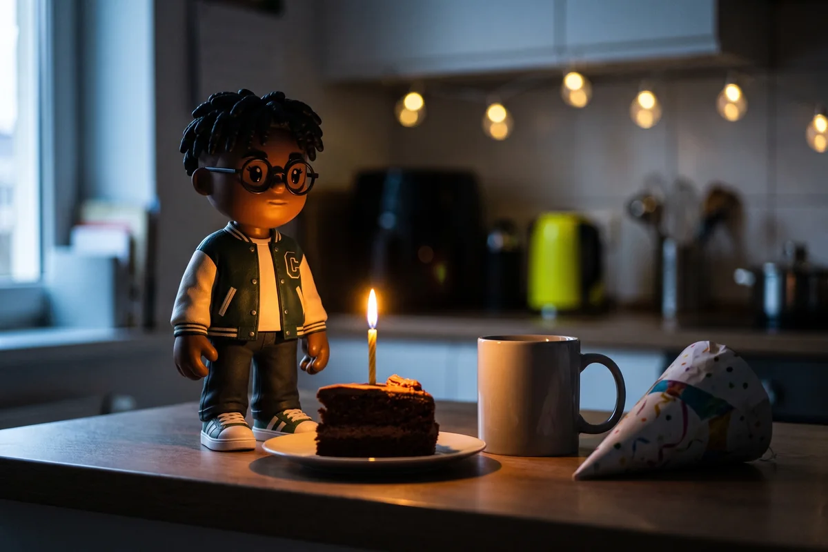 A MEYO figure on a kitchen counter beside a slice of cake with a lit candle