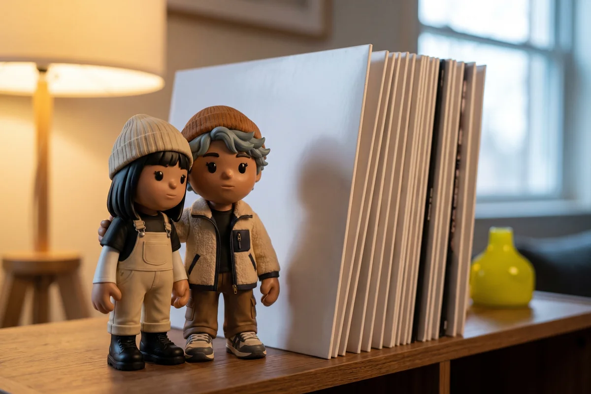 Two MEYO figures leaning into each other on a record shelf