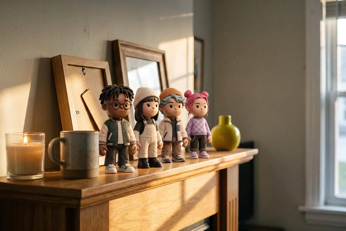 Four MEYO figures lined up along a mantelpiece between face-down picture frames