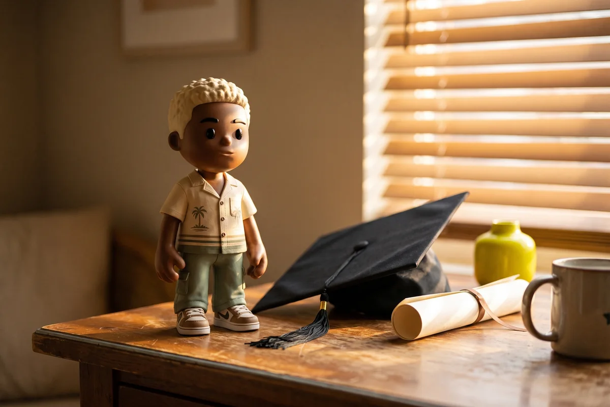 A MEYO figure on a desk beside a rolled certificate and a mortarboard