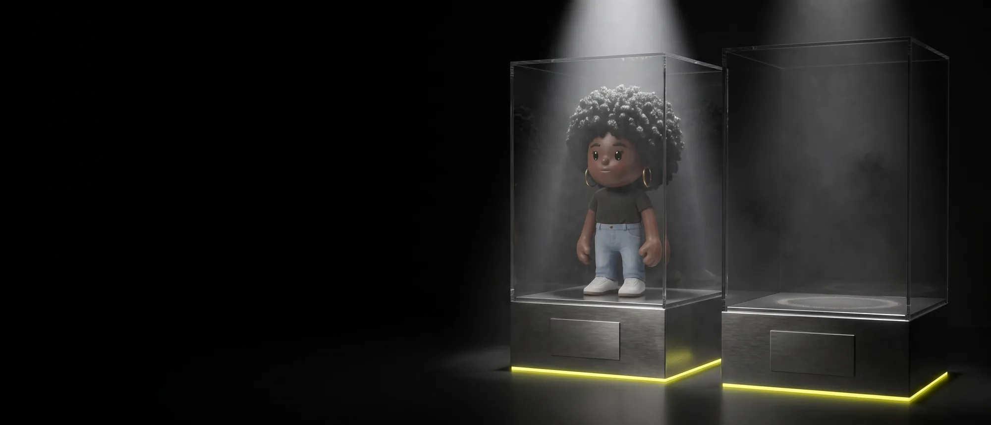 A MEYO figure in a lit acrylic case beside a second plinth that is already empty