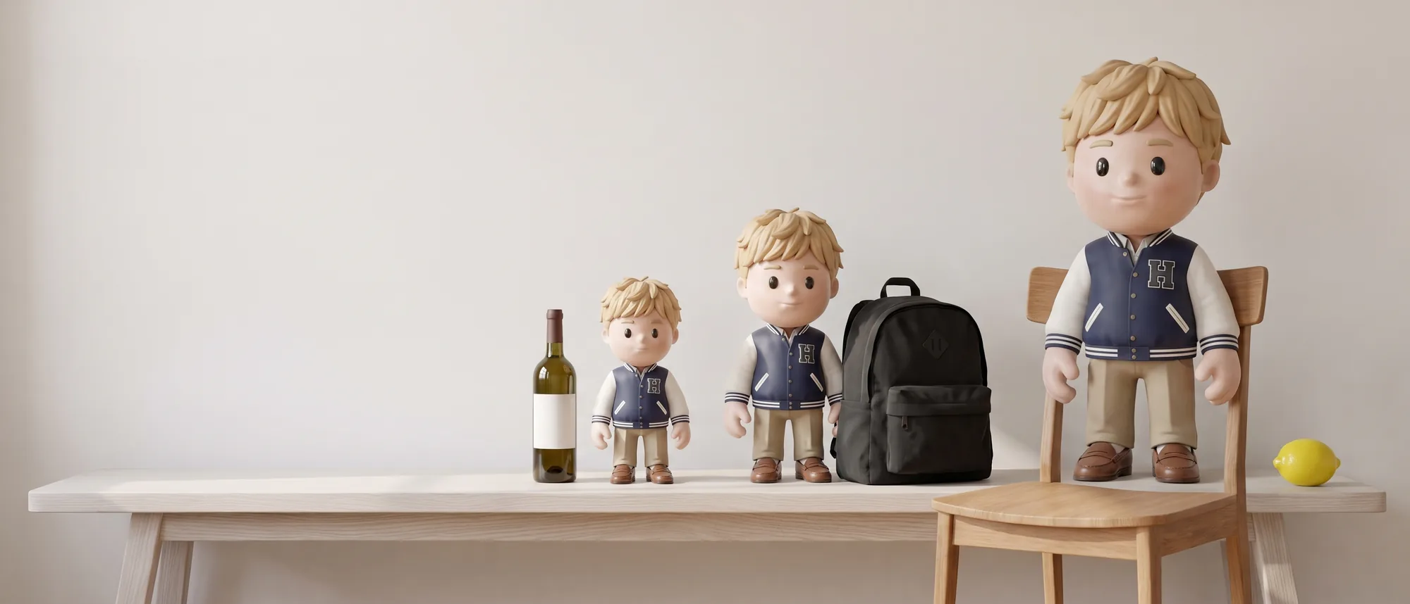 The same MEYO figure at 12, 18 and 24 inches on a bench, each beside a familiar object for scale