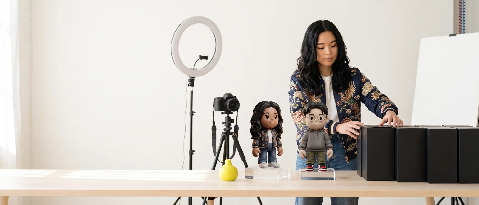 A creator setting out matte-black collector's boxes on a studio table beside two MEYO figures