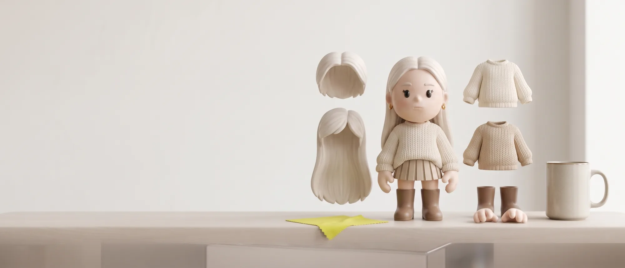 A MEYO figure on a studio bench surrounded by its alternate hair, tops and shoes laid out in a grid