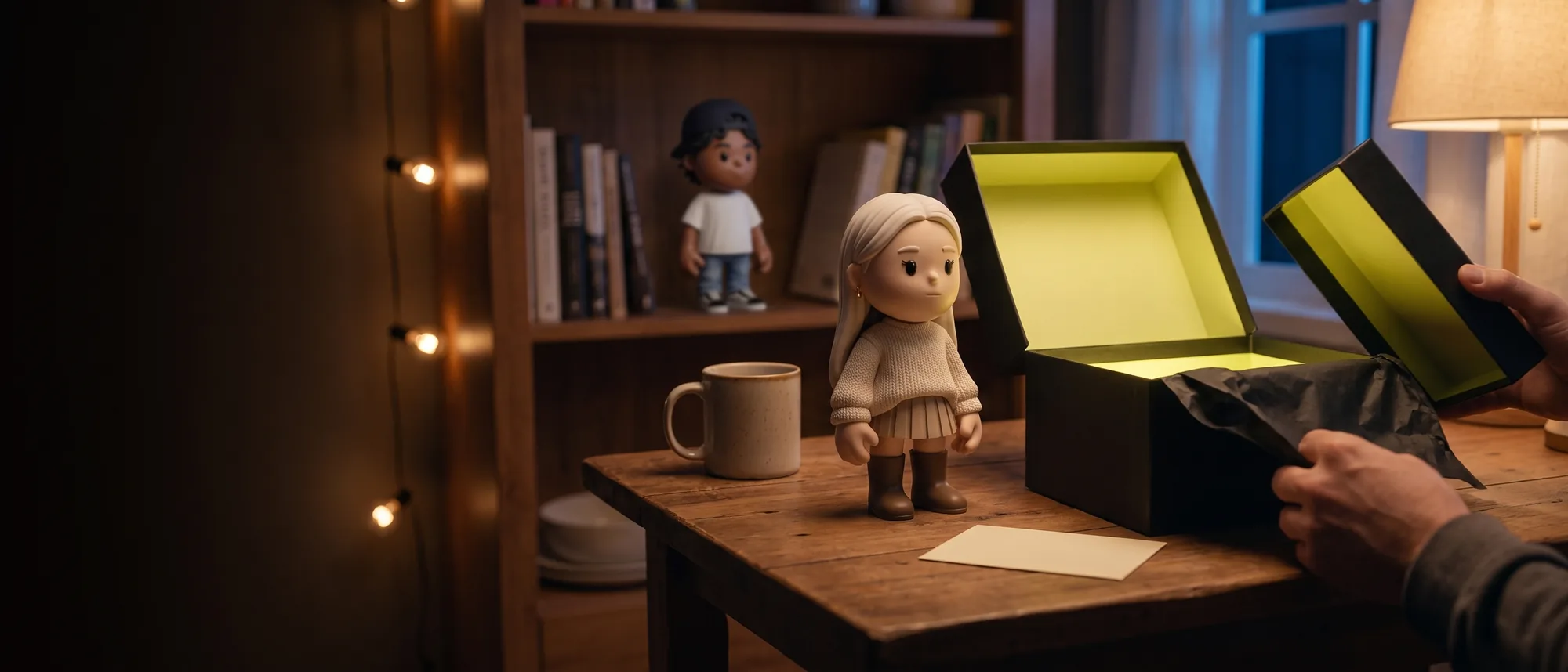 A MEYO figure lifted out of an open collector's box on a kitchen table, with a second figure already on a shelf behind