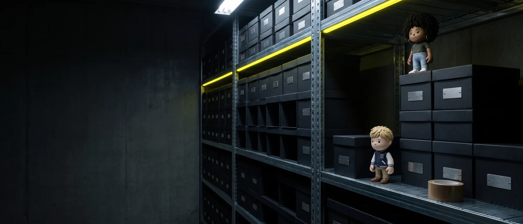 A stockroom shelf of identical matte-black collector's boxes with several slots already empty, a MEYO figure on top of the nearest stack