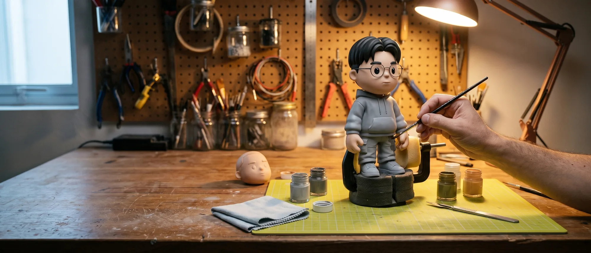 A hand painting a detail onto a half-finished MEYO figure clamped on a workshop bench