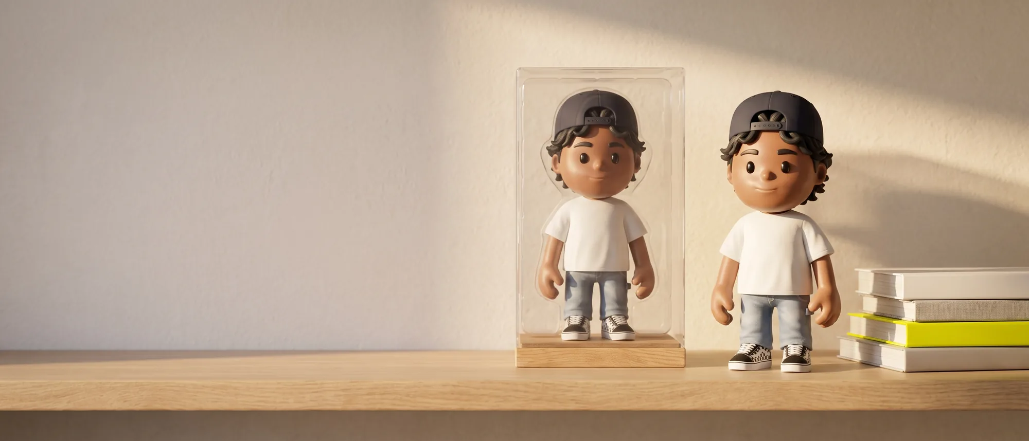 Two MEYO figures on a shelf: one standing free, one still sealed in its acrylic box