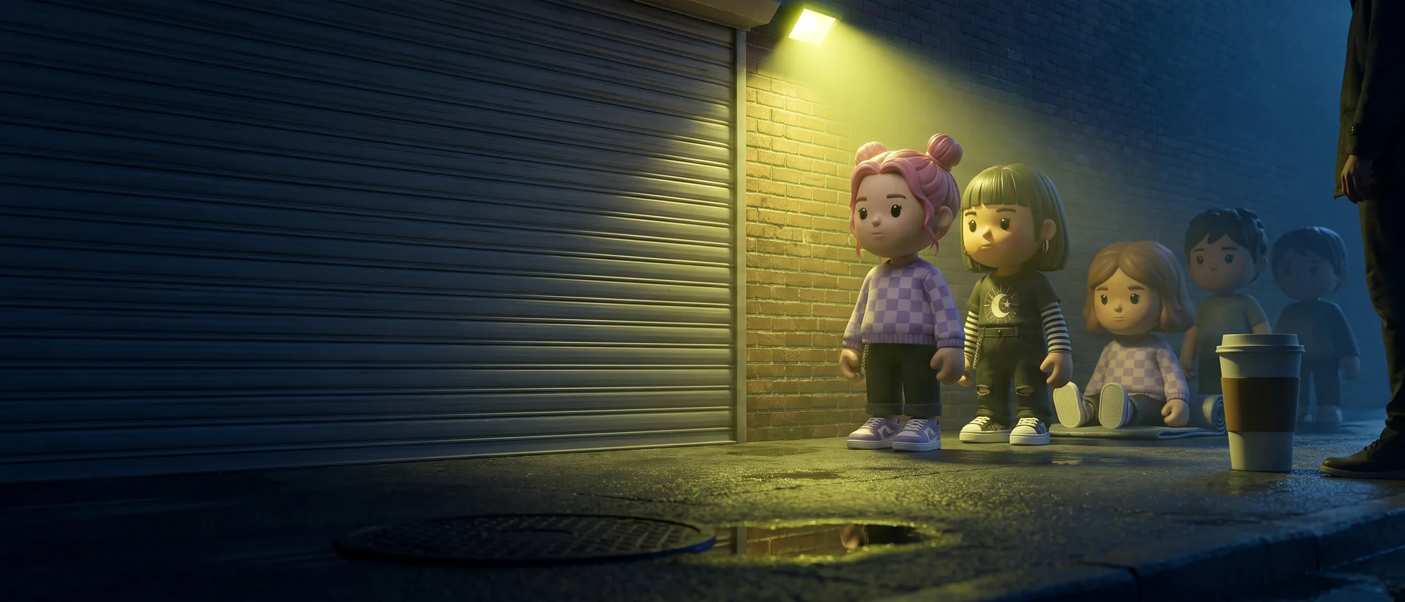 A queue of MEYO figures waiting along a wall outside a closed roller shutter before dawn