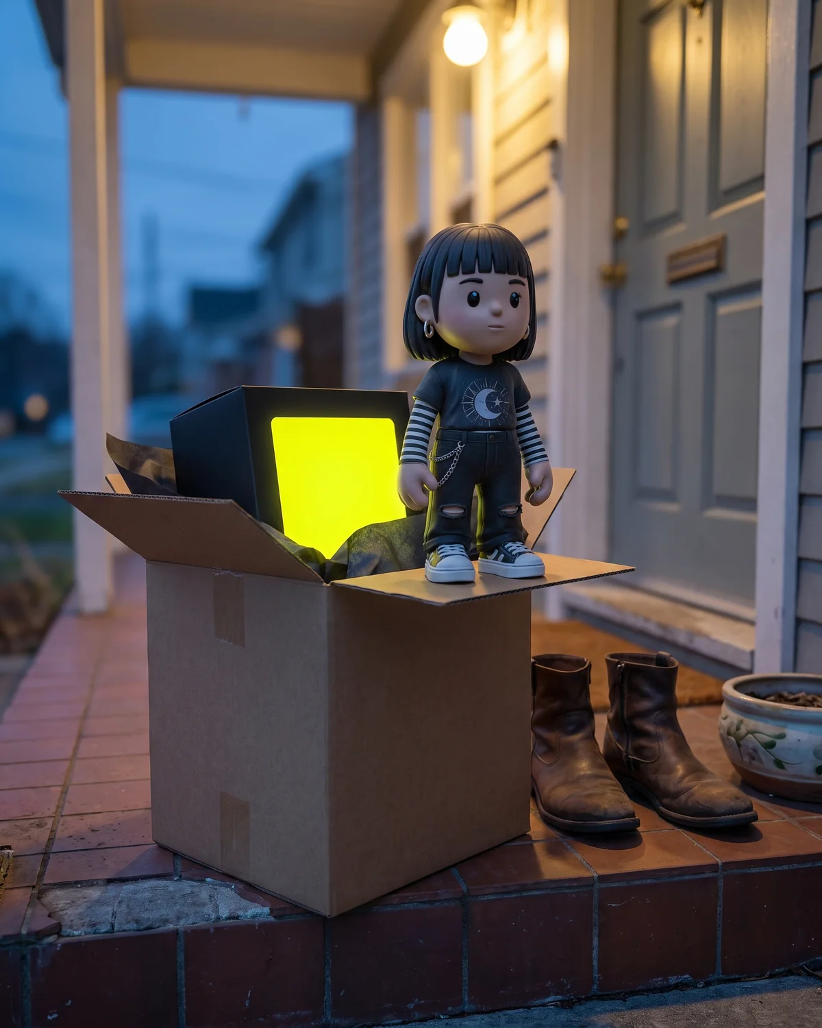 A MEYO figure holding a wrapped black gift box