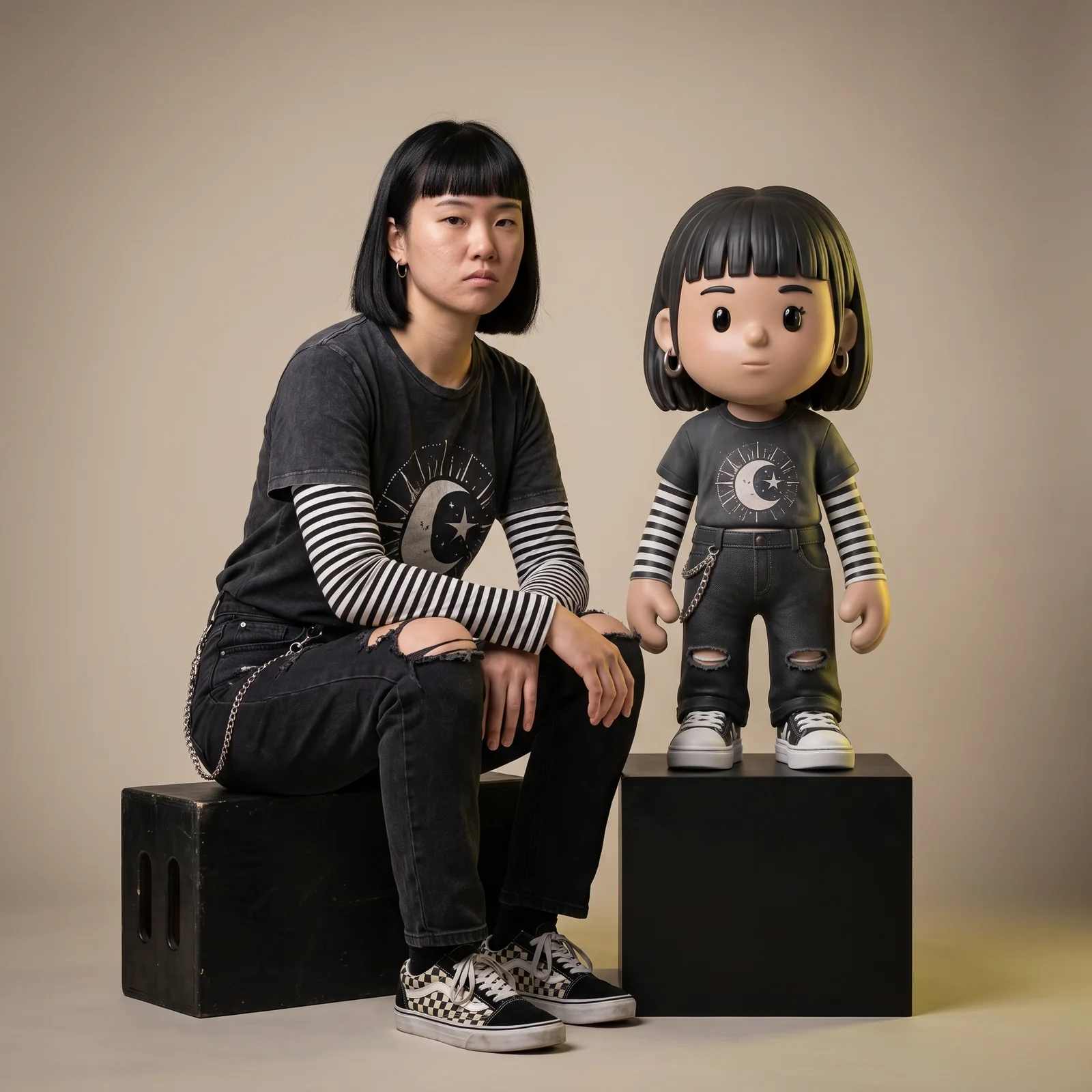 A collector seated beside the 24-inch MEYO figure of themselves, standing on a plinth at their eye level