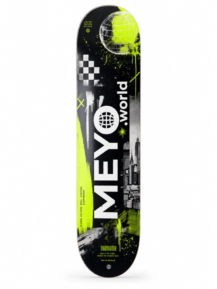 A black MEYO skateboard deck with neon lime graphics and a city skyline