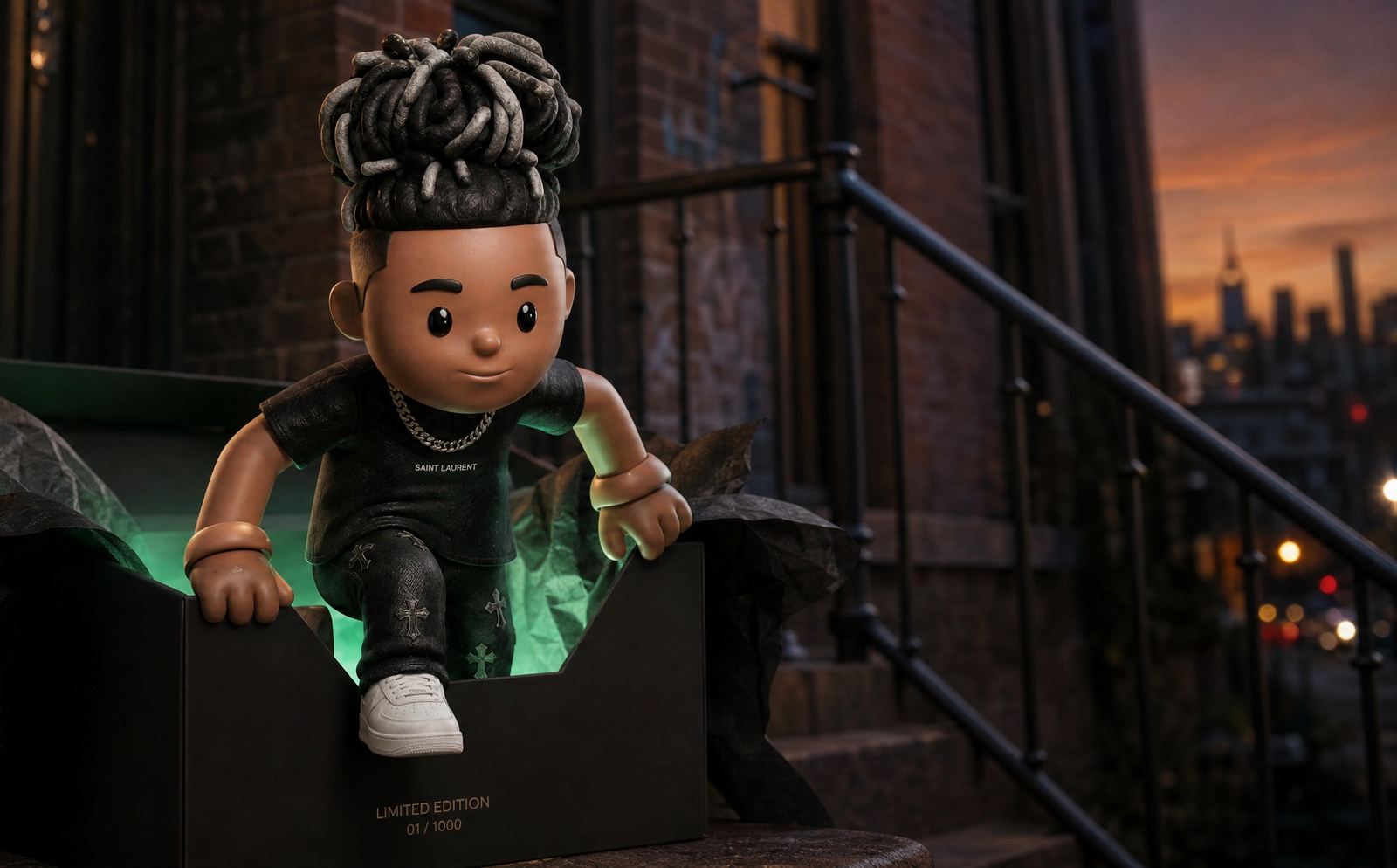 A MEYO figure stepping out of a limited-edition box on a city stoop at dusk