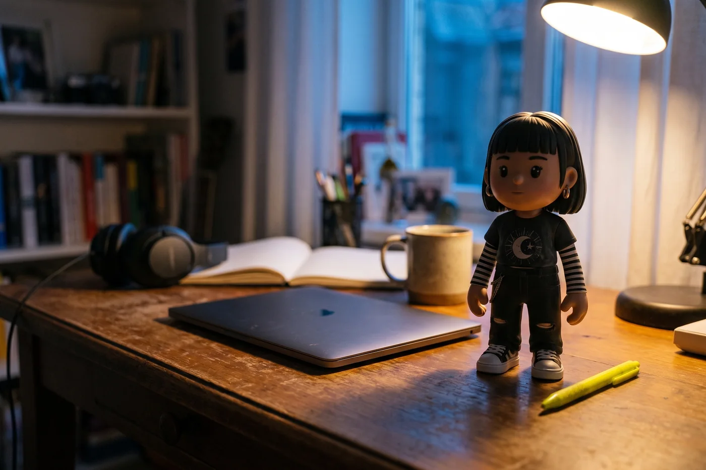 A MEYO figure on a desk beside a closed laptop, sketchbook and headphones