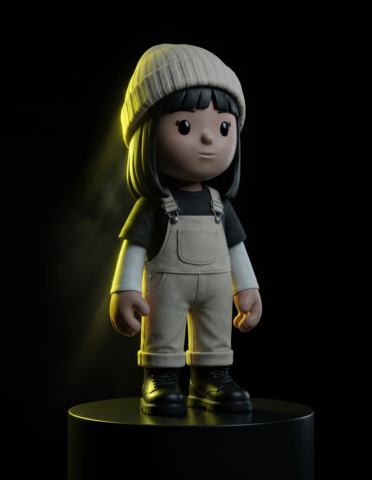 A MEYO collector figure lit by a neon rim light on a dark plinth