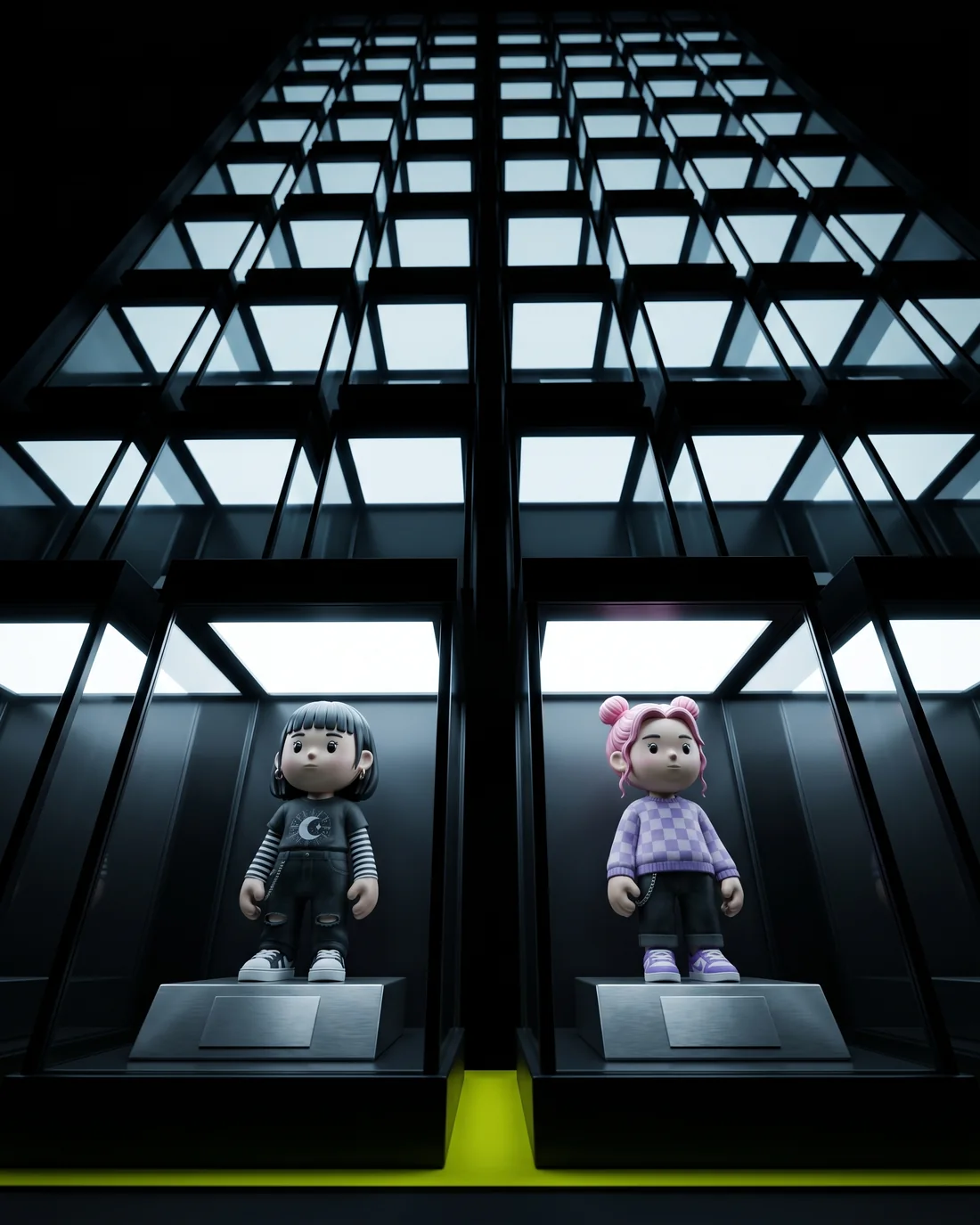 A wall of lit black display cases receding into darkness, each holding a single numbered MEYO figure