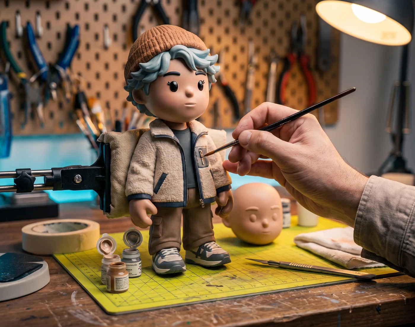 A hand painting a detail onto an unfinished MEYO figure clamped on a workshop bench