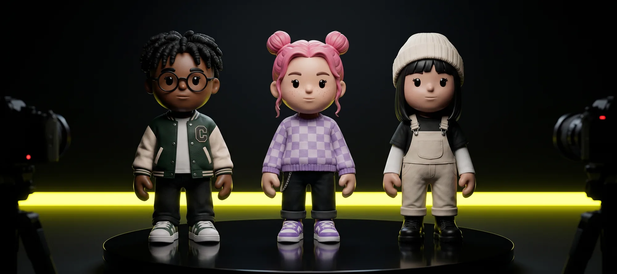 Five MEYO figures lined up on a black turntable in a photogrammetry studio, rimmed by a volt strip light