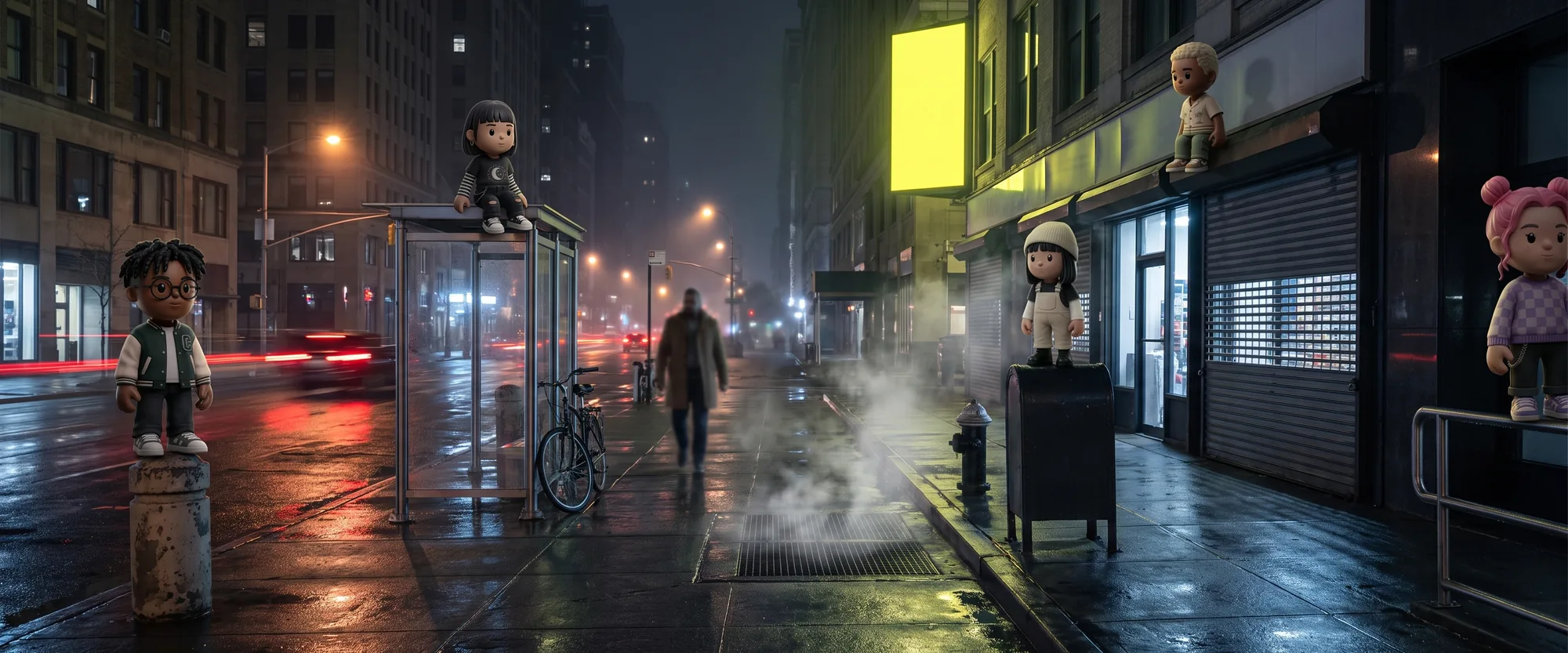 MEYO figures placed along a wet city street at night, on bollards, ledges and a bus shelter