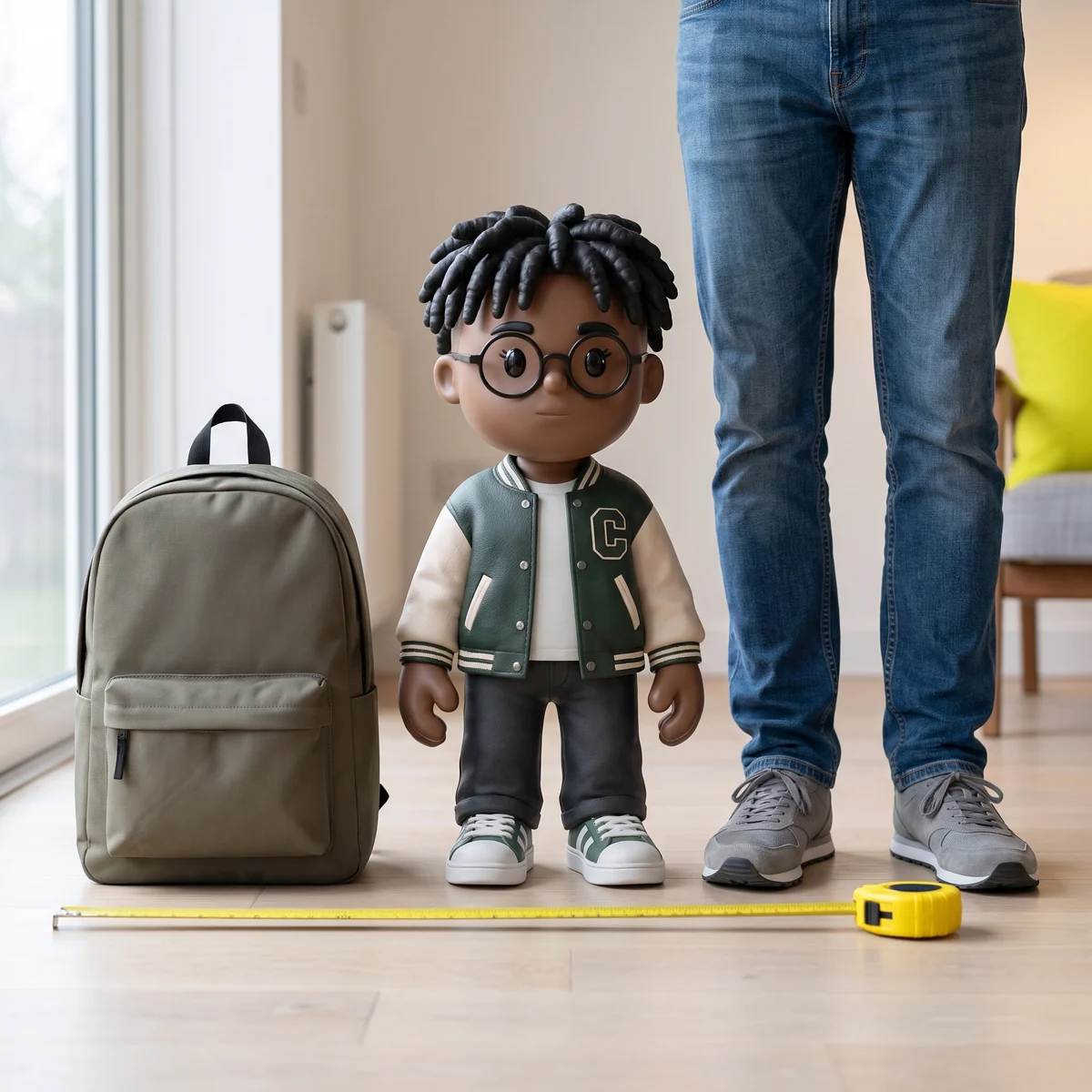 An 18-inch MEYO figure on a floor beside a carry-on backpack of the same height